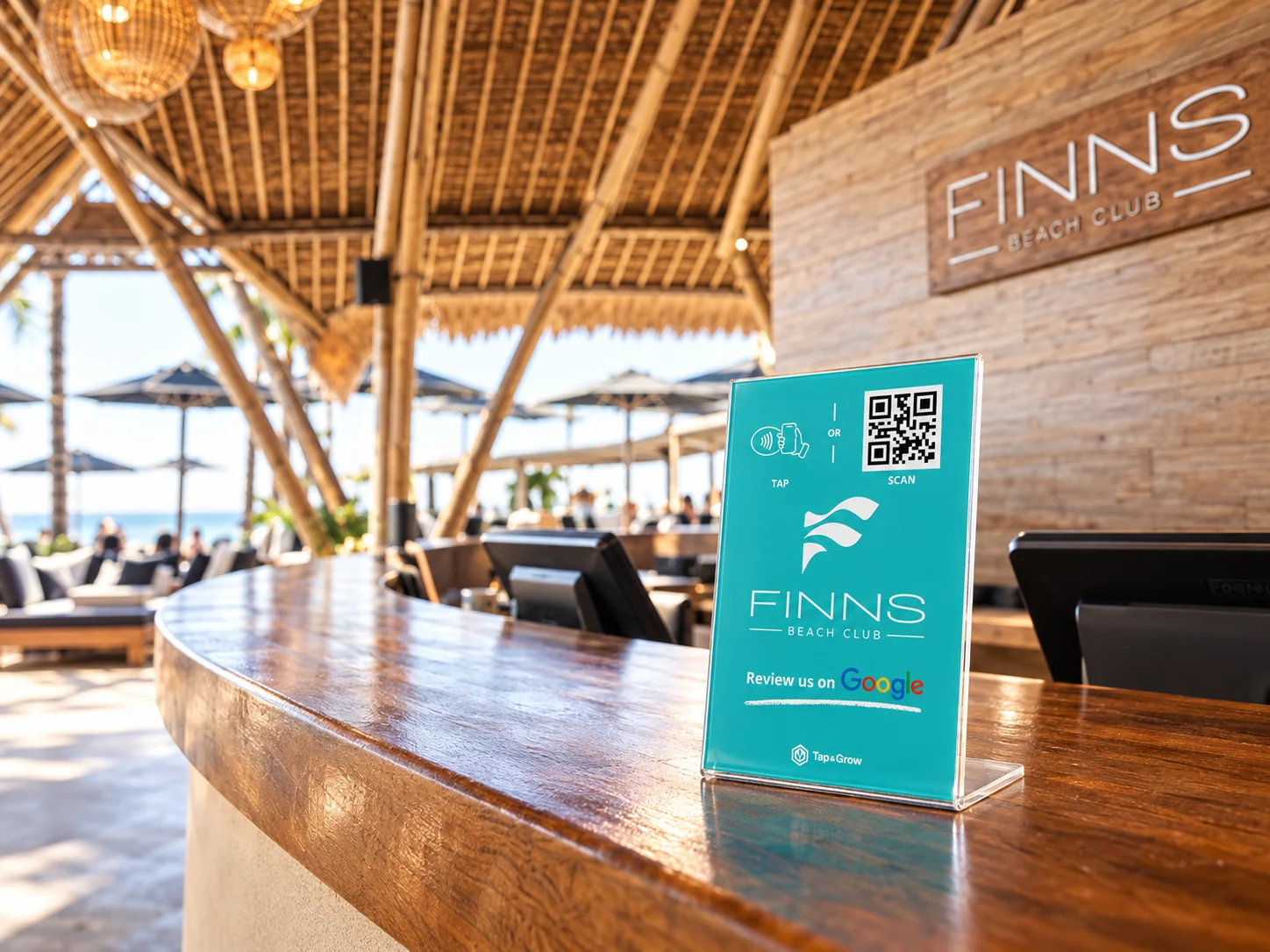 Illustrative FINNS branded review stand concept on a counter