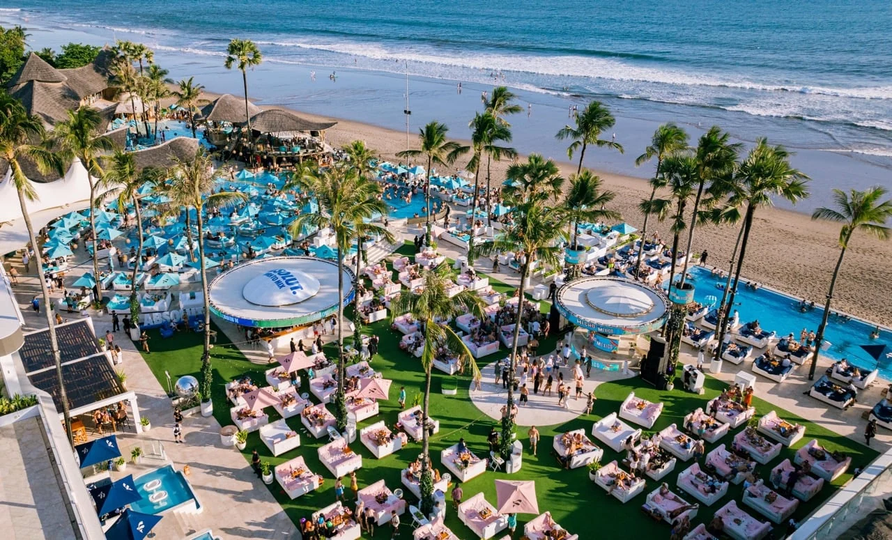 Aerial view of the pools and beachfront at FINNS Beach Club